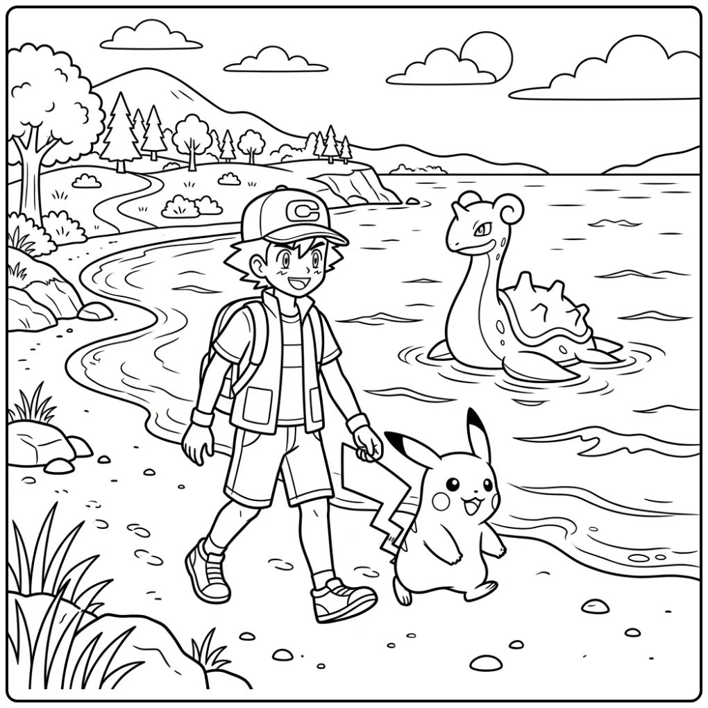 Beautiful Pikachu Ash and Lapras on Sea coloring page