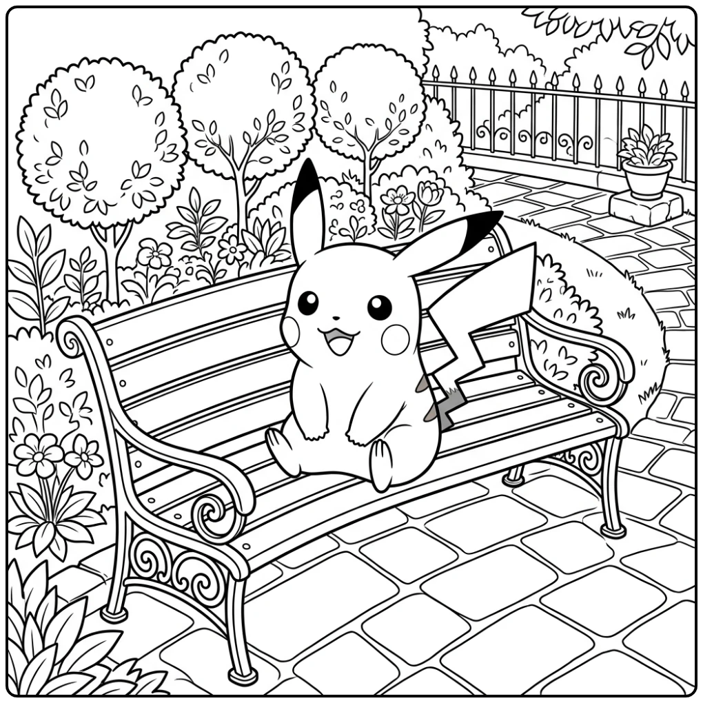 Beautiful Pikachu Sitting on a Garden Bench coloring page