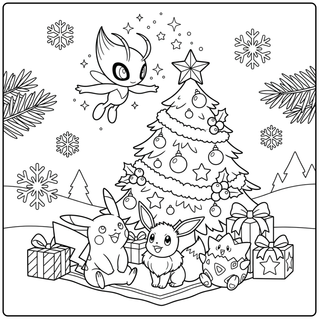 Beautiful Pokemon Celebi with Christmas Tree coloring page
