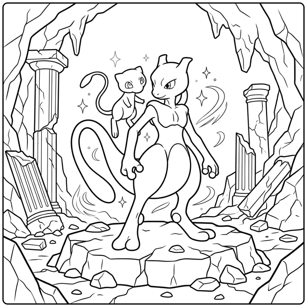Beautiful Pokemon Mew and Mewtwo with Pillars coloring page