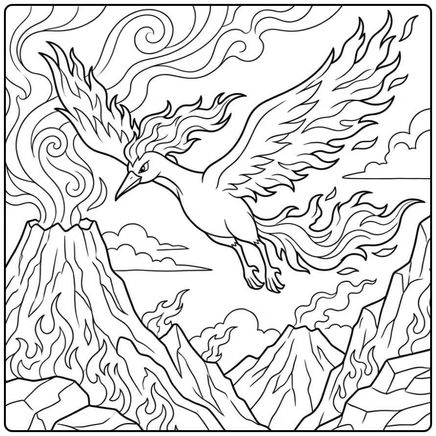 Beautiful Pokemon Moltres Above the Volcano coloring page