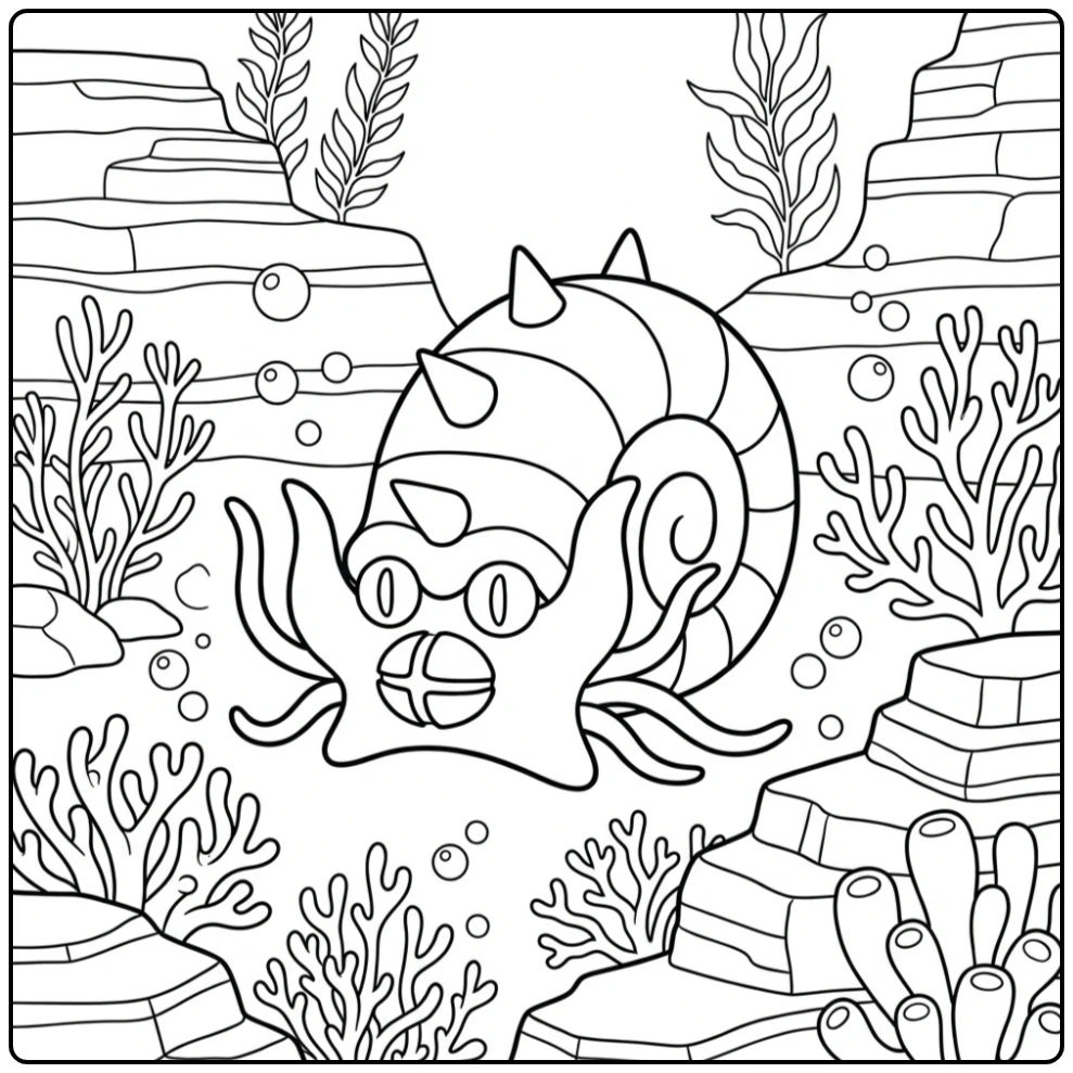 Beautiful Pokemon Omastar in a Ocean World coloring page