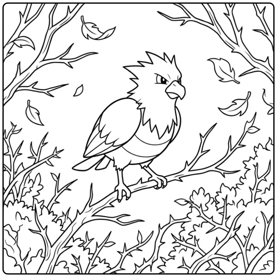 Beautiful Spearow in a Wild and Thorny Bush coloring page