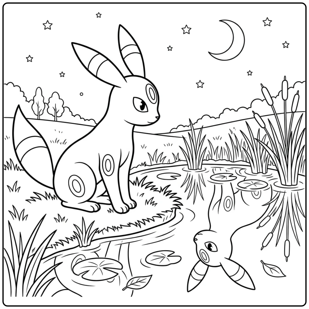Beautiful Umbreon Reflection in the Night Pond coloring page