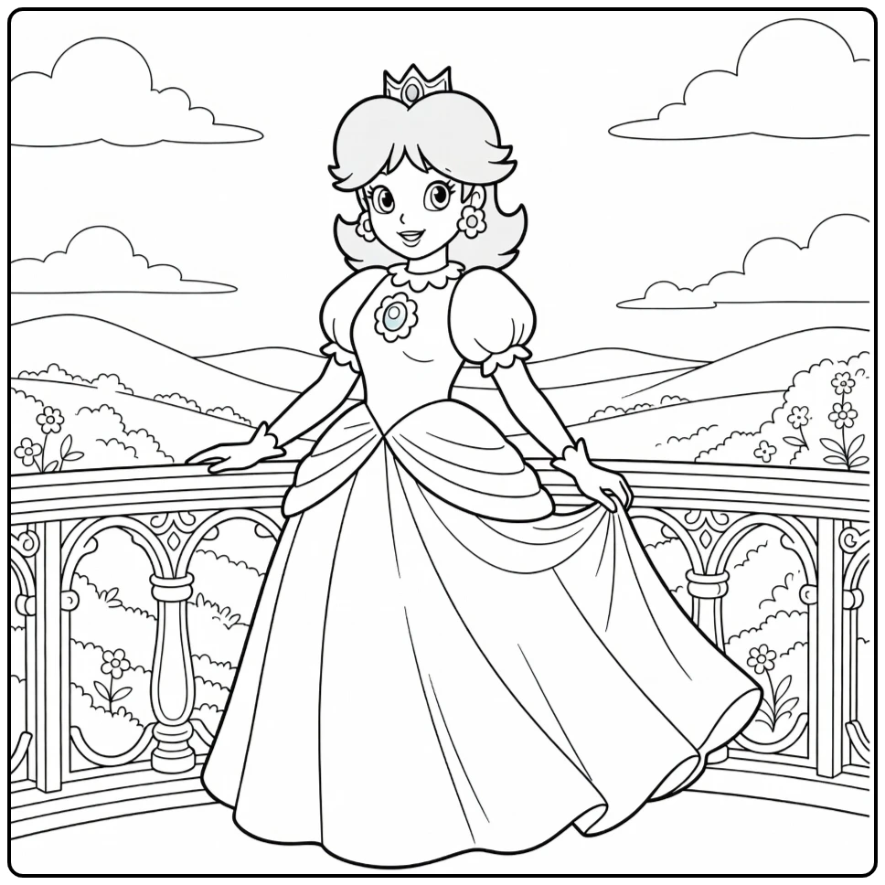 Princess Daisy Watching the Sunrise from a Balcony coloring page