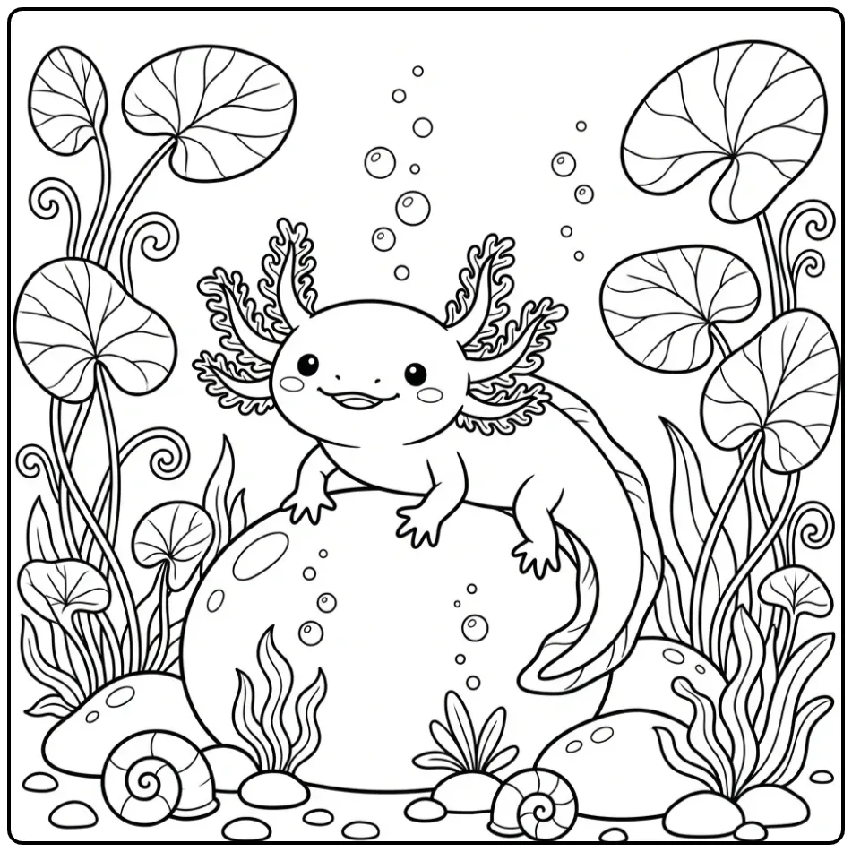 Cute Axolotl with Water Plants coloring page