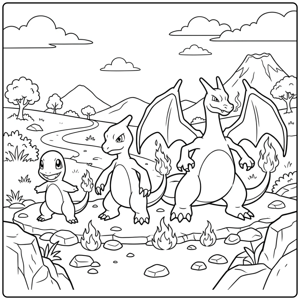 Print Charmander Charmeleon Charizard for Kids coloring page