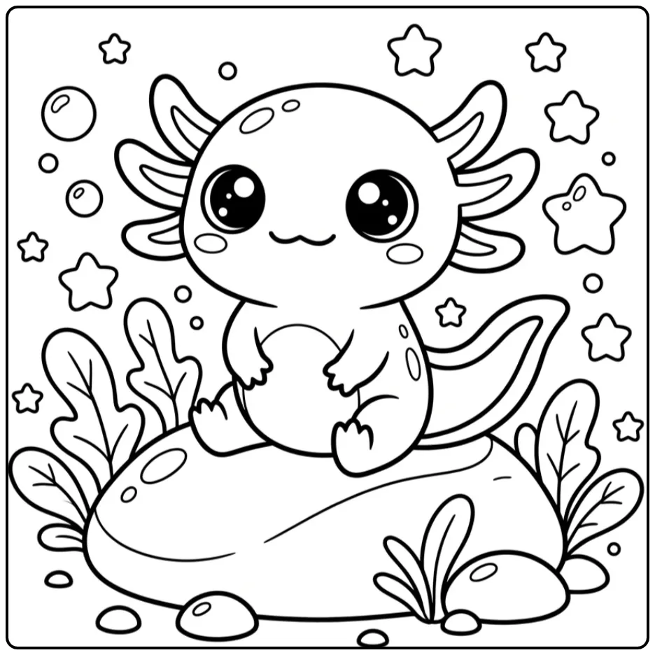 Printable Kawaii Axolotl with Bubbles and Stars coloring page