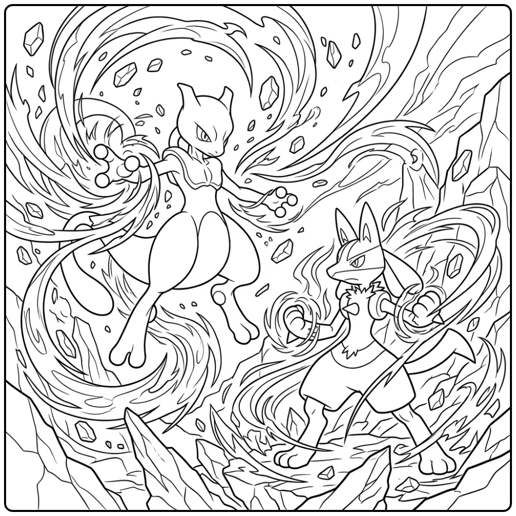 Psychic Force Pokemon Detailed with Mewtwo Lucario coloring page