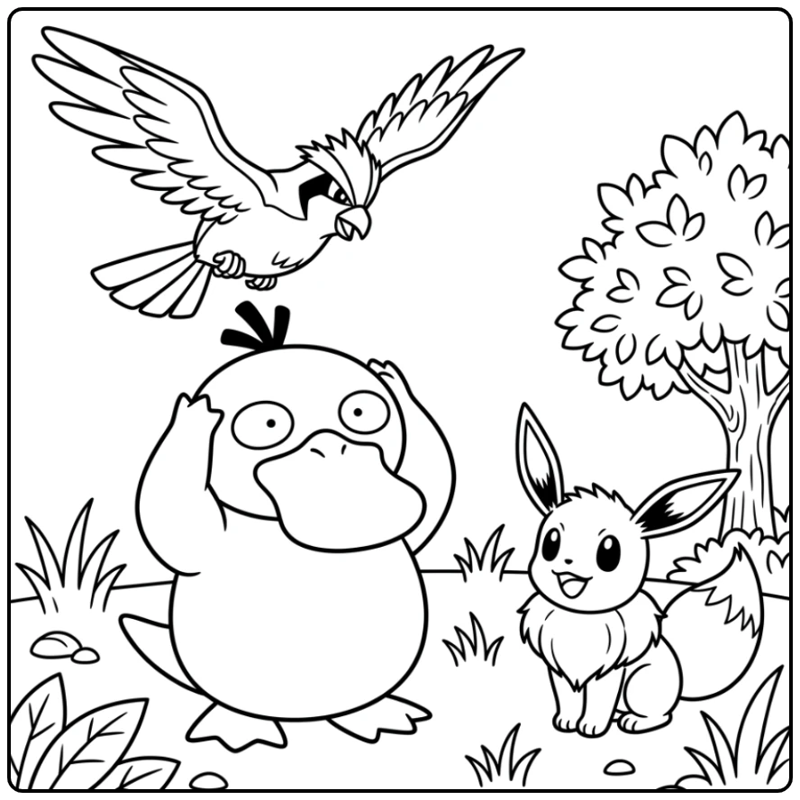 Psyduck Surprised by Pidgey Eevee Looking Toward coloring page
