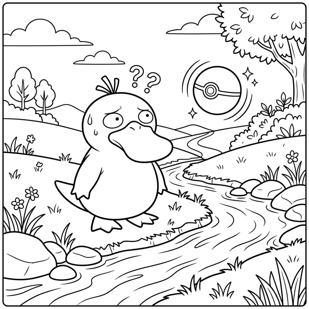 Psyduck Confused Stare on Floating Pokeball coloring page
