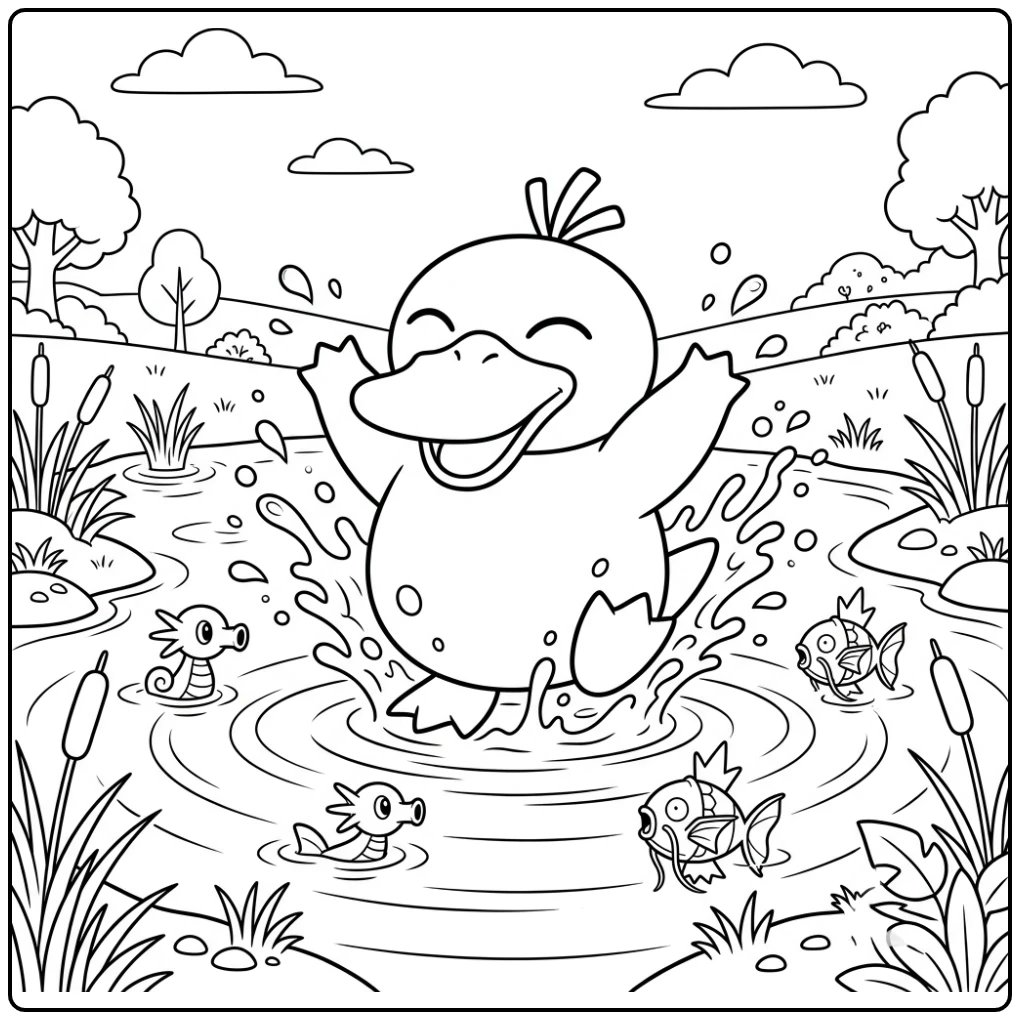Psyduck Cheerful Splashing in a Shallow Pond coloring page