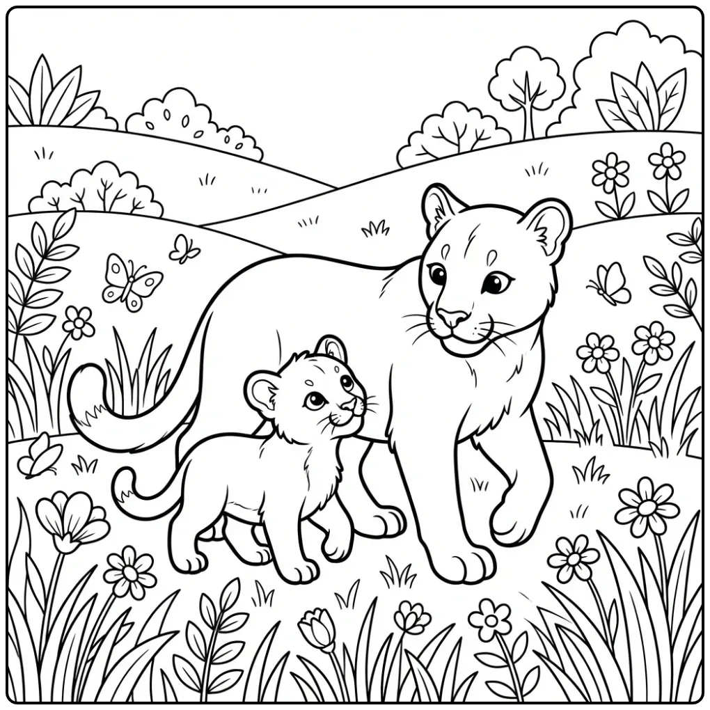 Puma Mother and Cub in Wild Grass coloring page