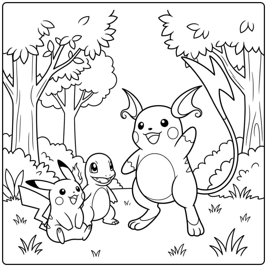 Raichu with Ash Pikachu and Charmander coloring page
