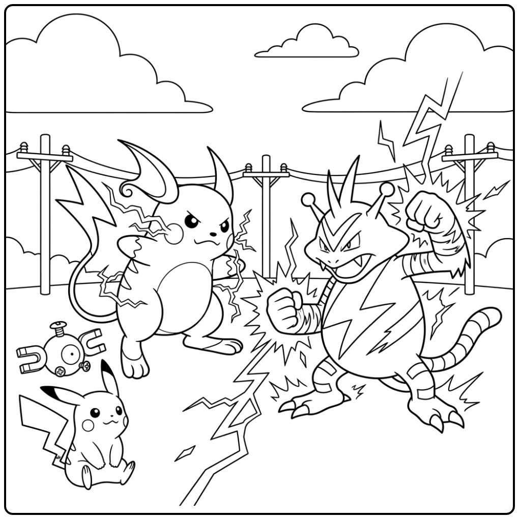 Raichu Exciting Confrontation with Electabuzz coloring page