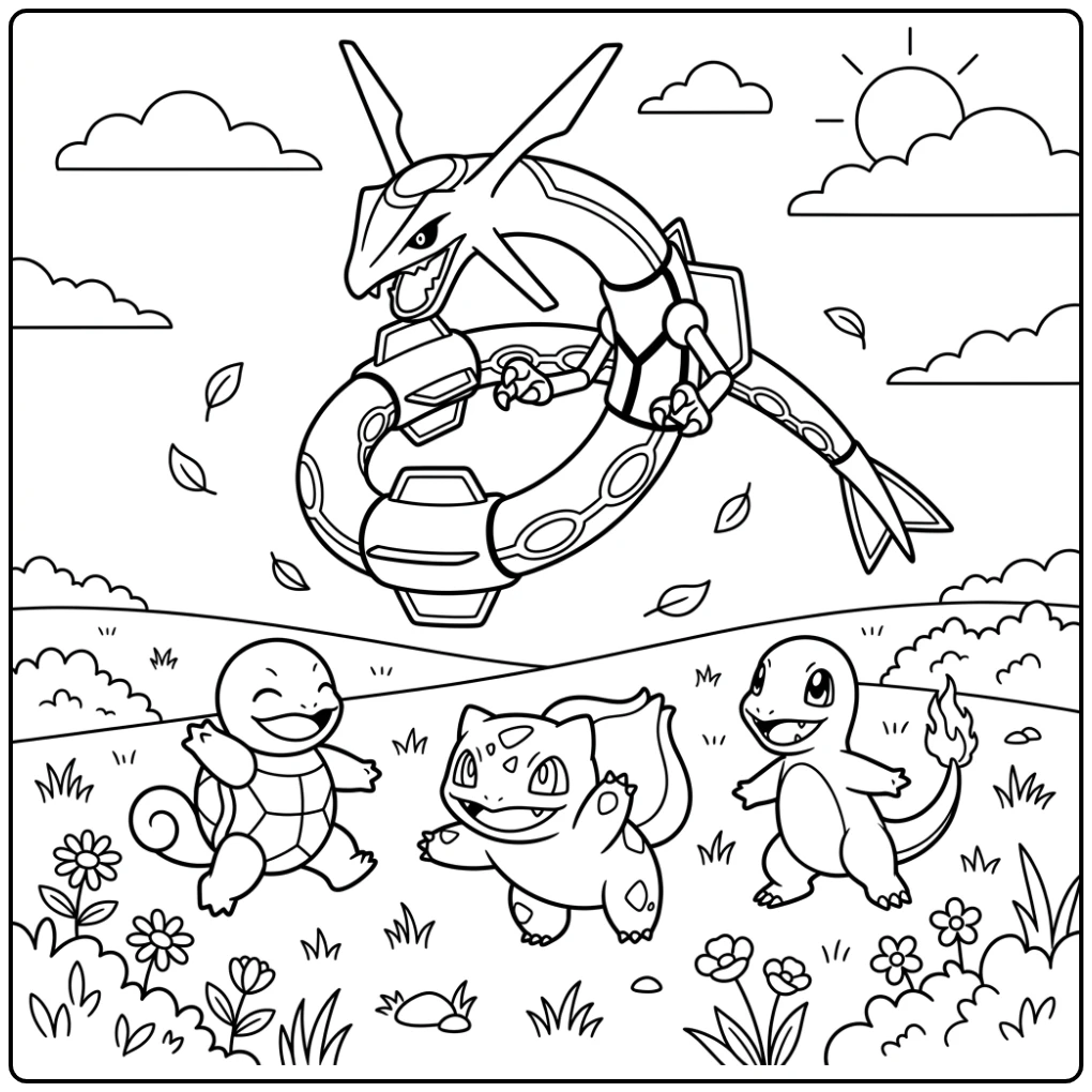 Rayquaza Legendary Dragon Above Cheerful Pokemon coloring page