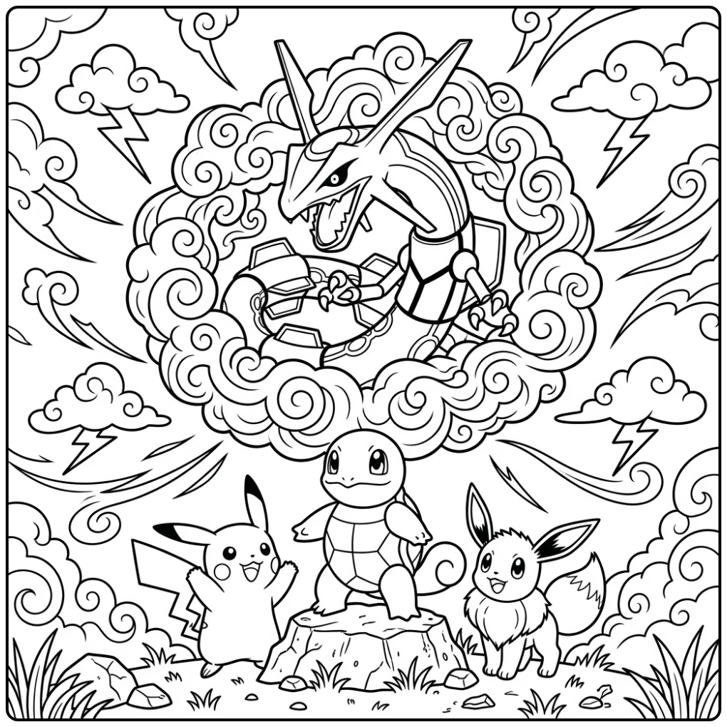 Rayquaza Legendary Dragon Looking Down on Heroes coloring page