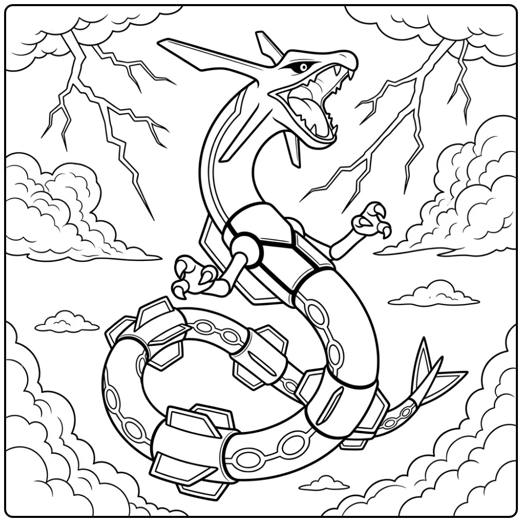 Rayquaza Mighty Dragon in the Sky with Lightning coloring page