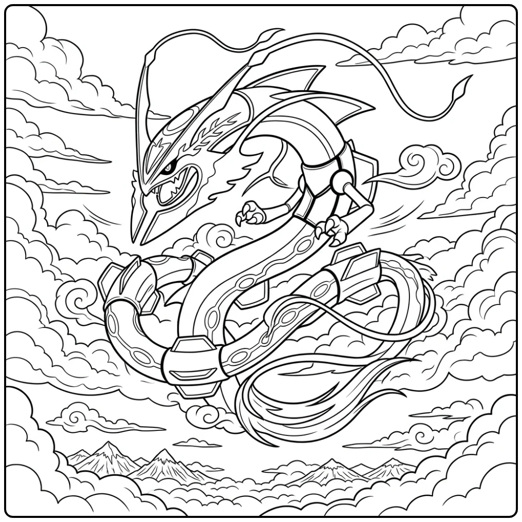 Rayquaza Graceful Dragon Floating Above Clouds coloring page