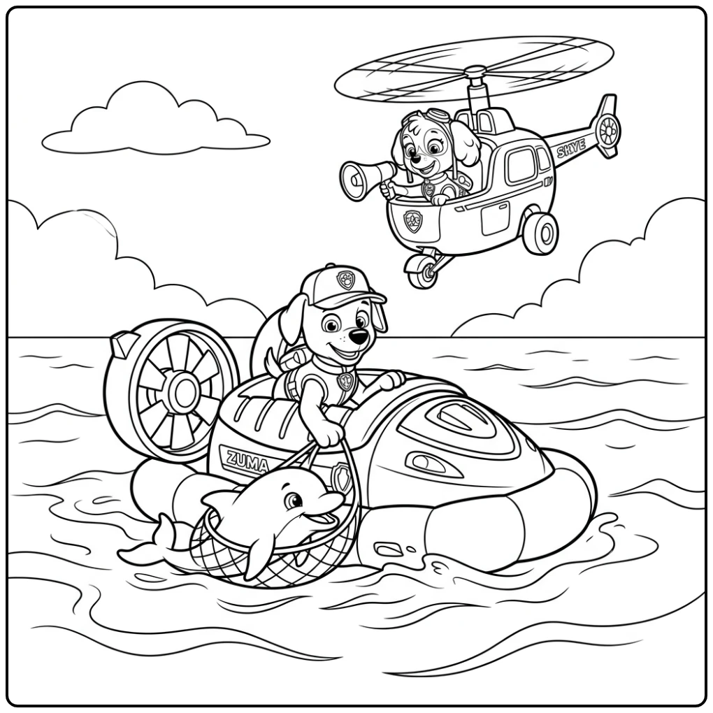 Rescue Action Dolphin and Skye Zuma Paw Patrol coloring page