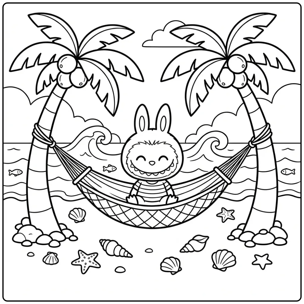 Relaxed Labubu Among Palm Trees and Sea coloring page