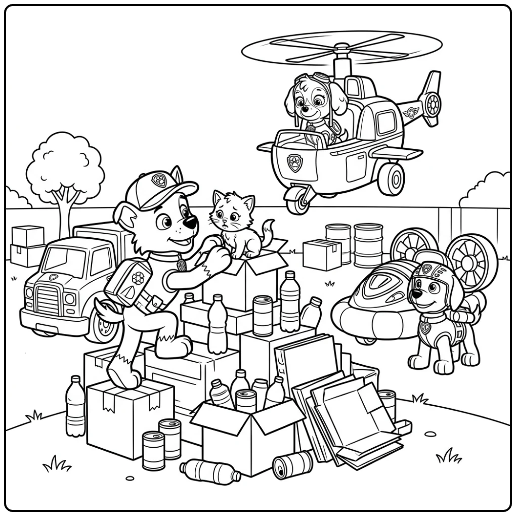 Rocky Paw Patrol Rescue of Kitten in the Garden coloring page