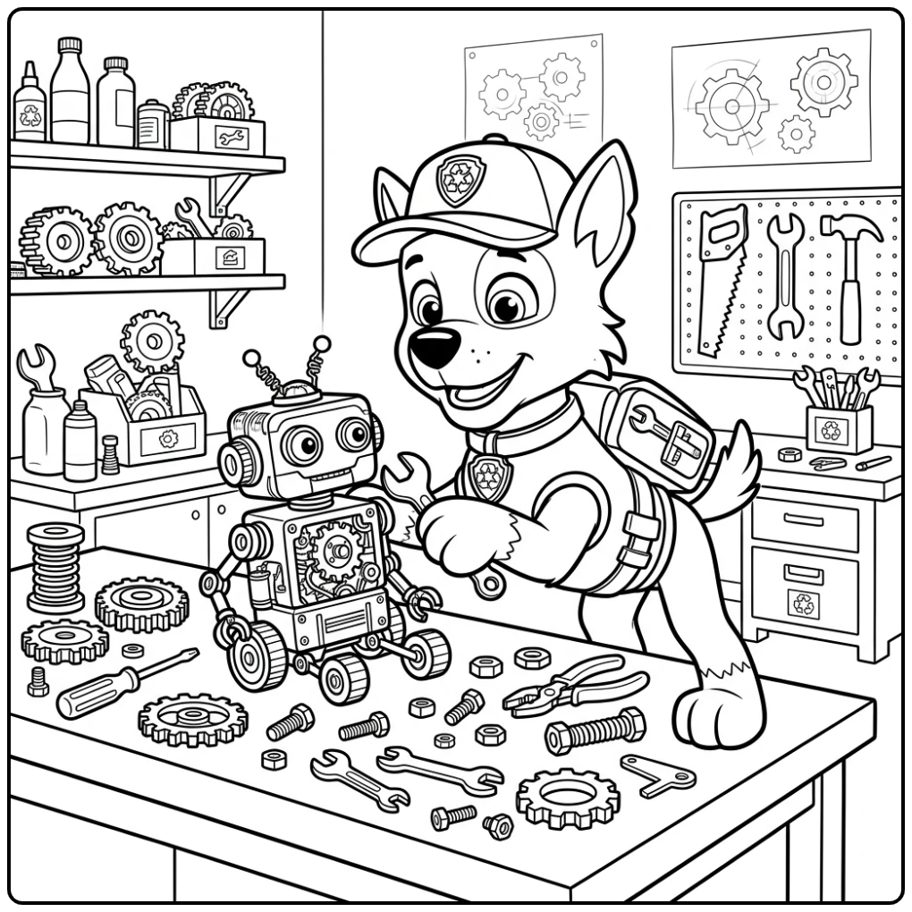 Rocky Paw Patrol Robot Repairing in the Workshop coloring page
