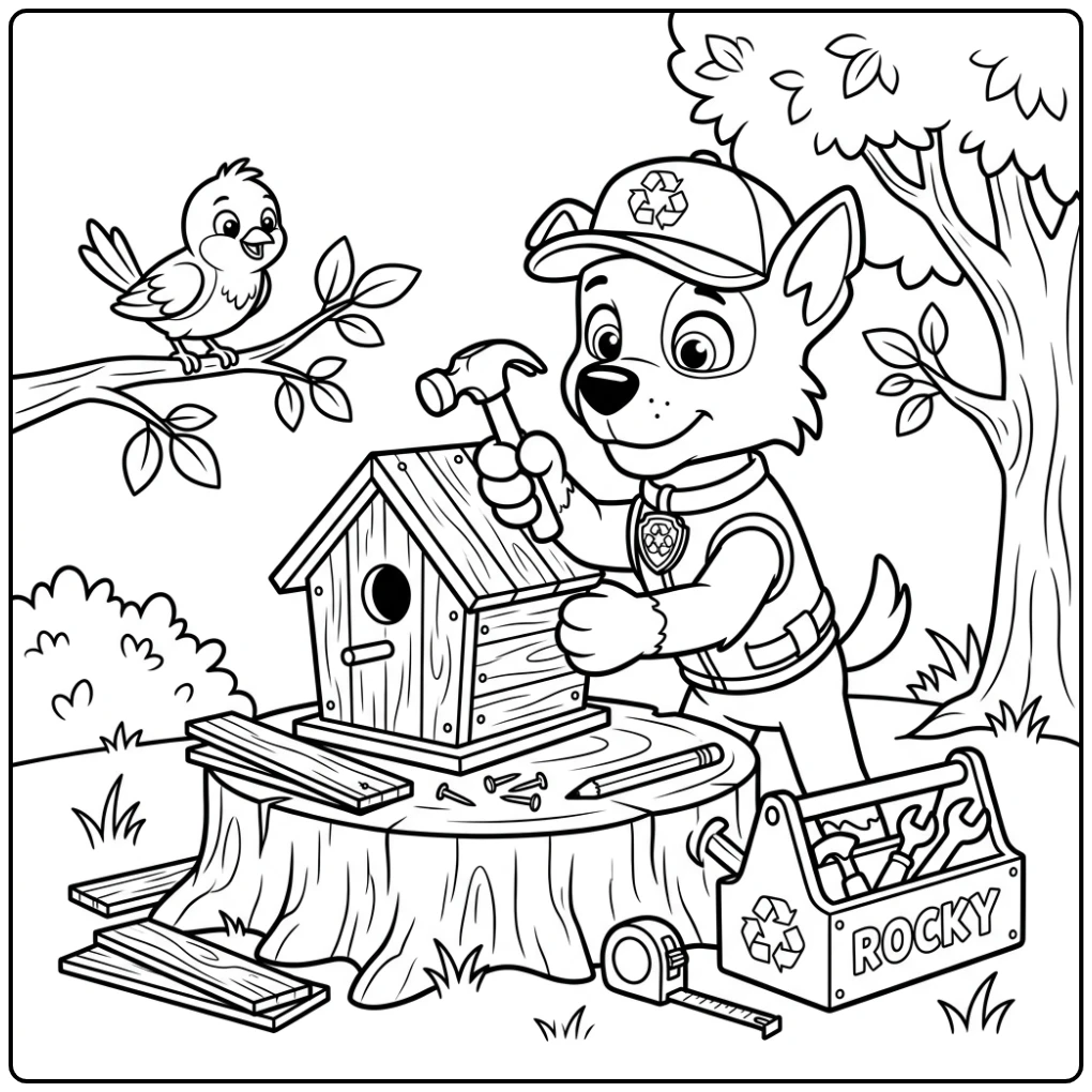 Paw Patrol Rocky Building Birdhouse for a Bird coloring page
