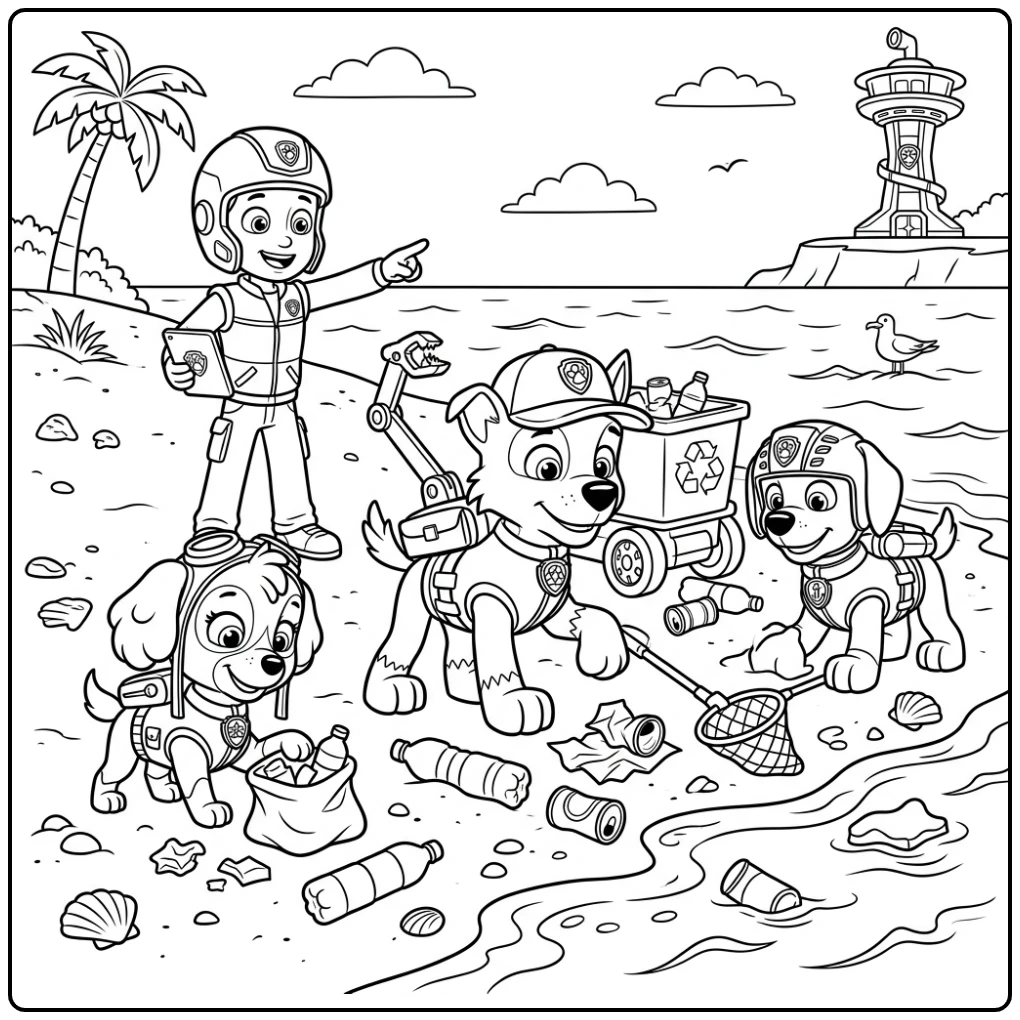 Rocky Paw Patrol Beach Cleaning Up with Zuma and Skye coloring page