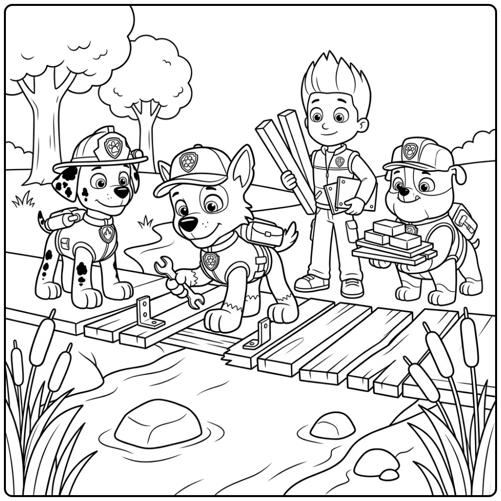Rocky Paw Patrol Teamwork with the Bridge Repair coloring page
