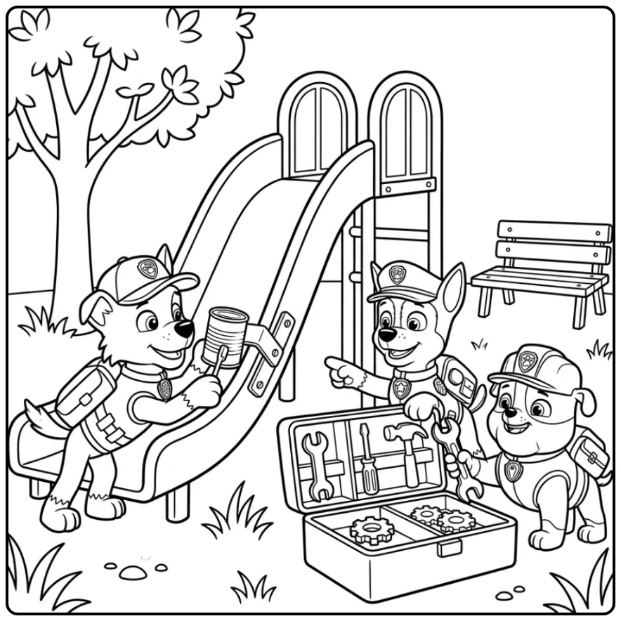 Rocky Paw Patrol Teamwork with Repairing of the Slide coloring page