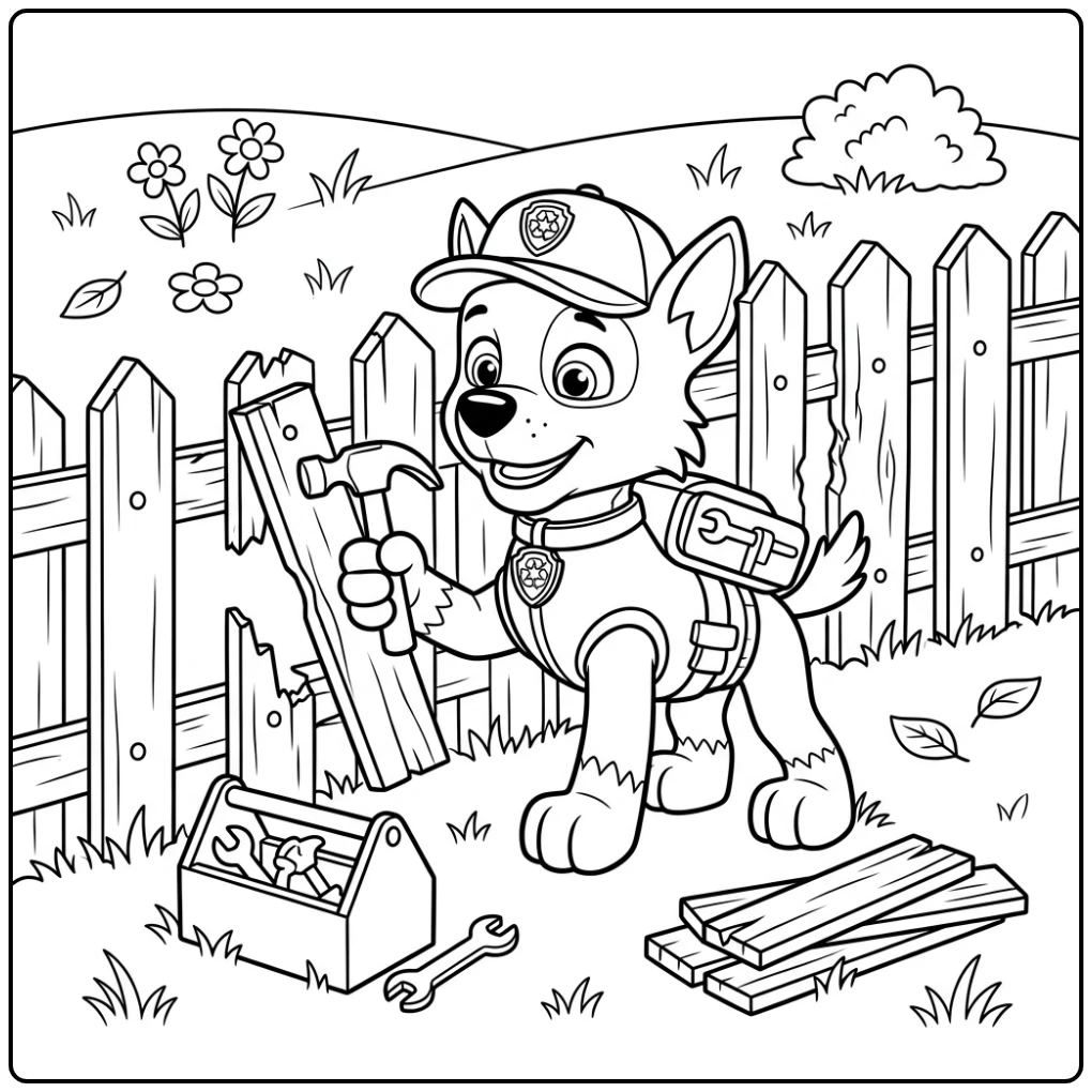 Repairing Fence the Perfect Rocky Paw Patrol coloring page