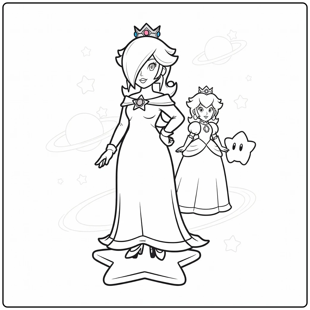 Rosalina on a Floating Star with Luma coloring page