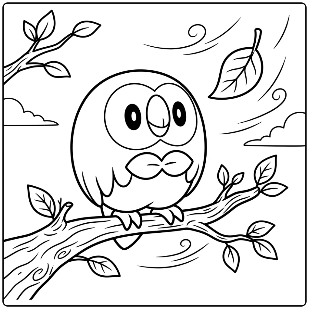 Rowlet on Branch Pokemon Easy coloring page
