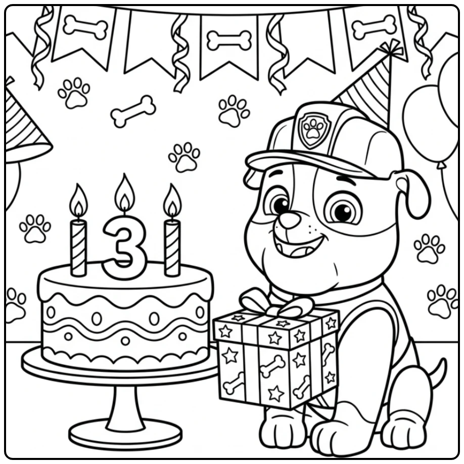 Rubble Celebrating Paw Patrol 3rd Birthday with Cake coloring page
