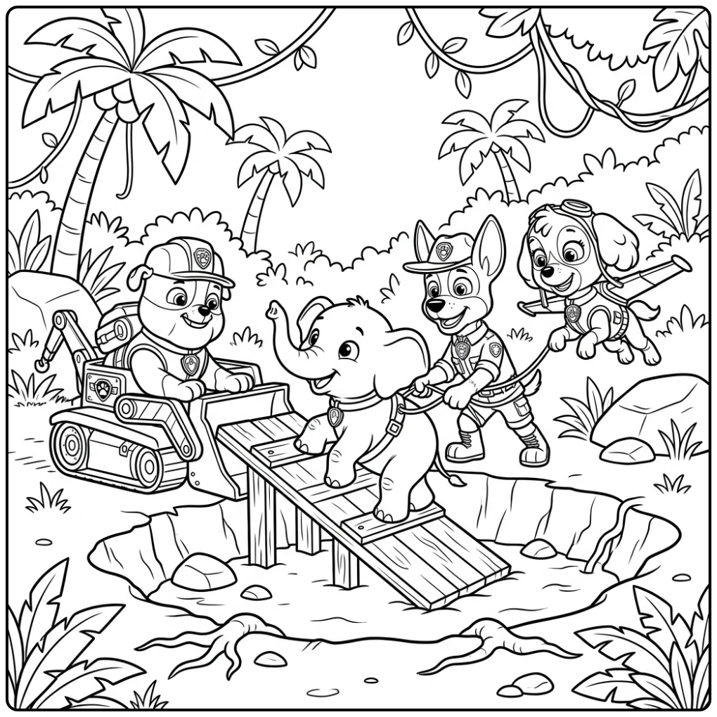 Rubble's Rescue Action Paw Patrol Rubble Helping Little Elephant coloring page