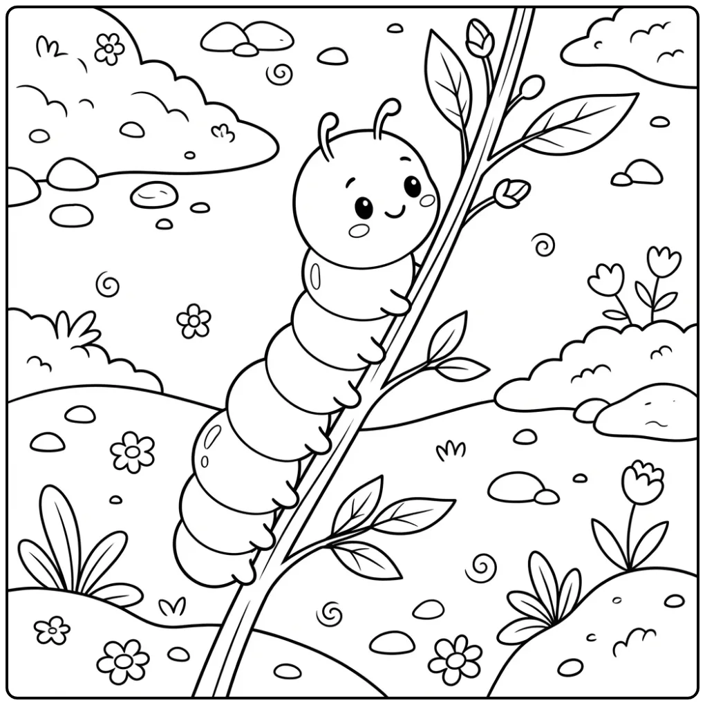 Caterpillar Climbing Along a Stem with Leaves coloring page