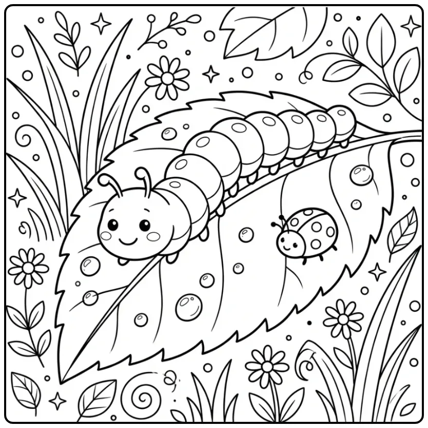 Caterpillar Leaf and Flowers in the Garden coloring page