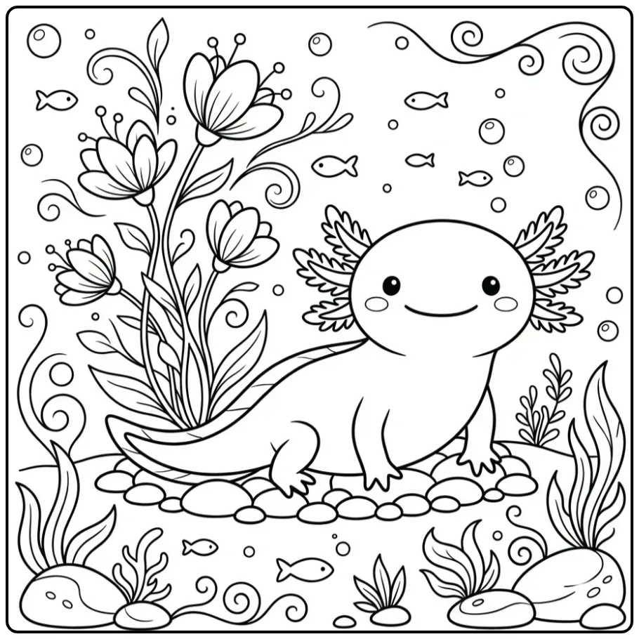 Resting Axolotl in a Cute Drawing Style coloring page