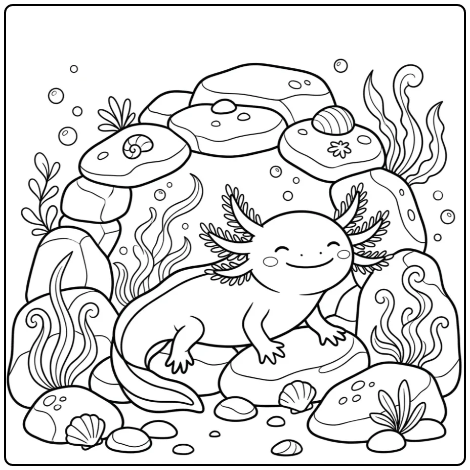 Resting Axolotl Among Rocks and Plants coloring page