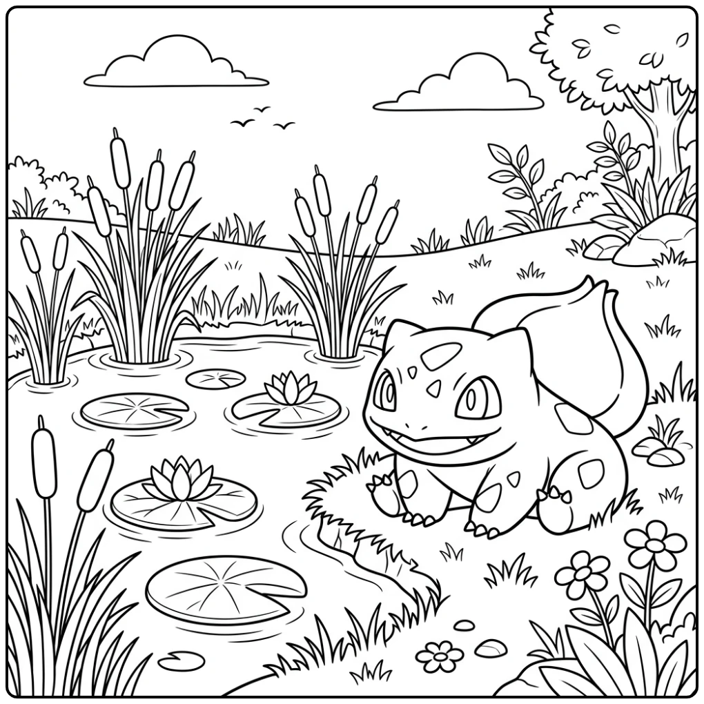 Resting Bulbasaur Pond and Lily Pads coloring page