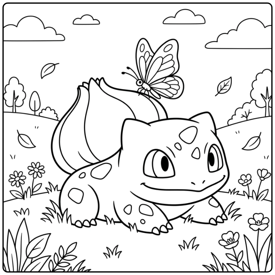 Resting Bulbasaur with Butterfly a Pokemon Easy coloring page