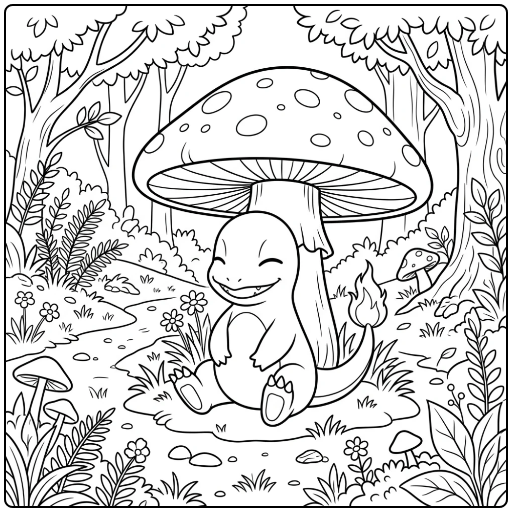 Resting Charmander by a Big Mushroom coloring page