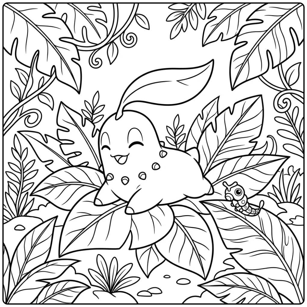 Resting Chikorita with Caterpie Pokemon Cute coloring page