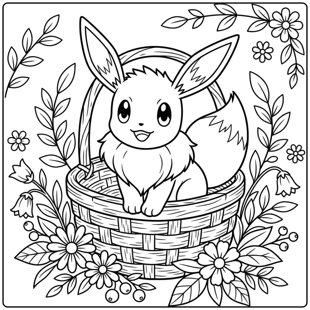 Resting Eevee in Basket with Flowers coloring page