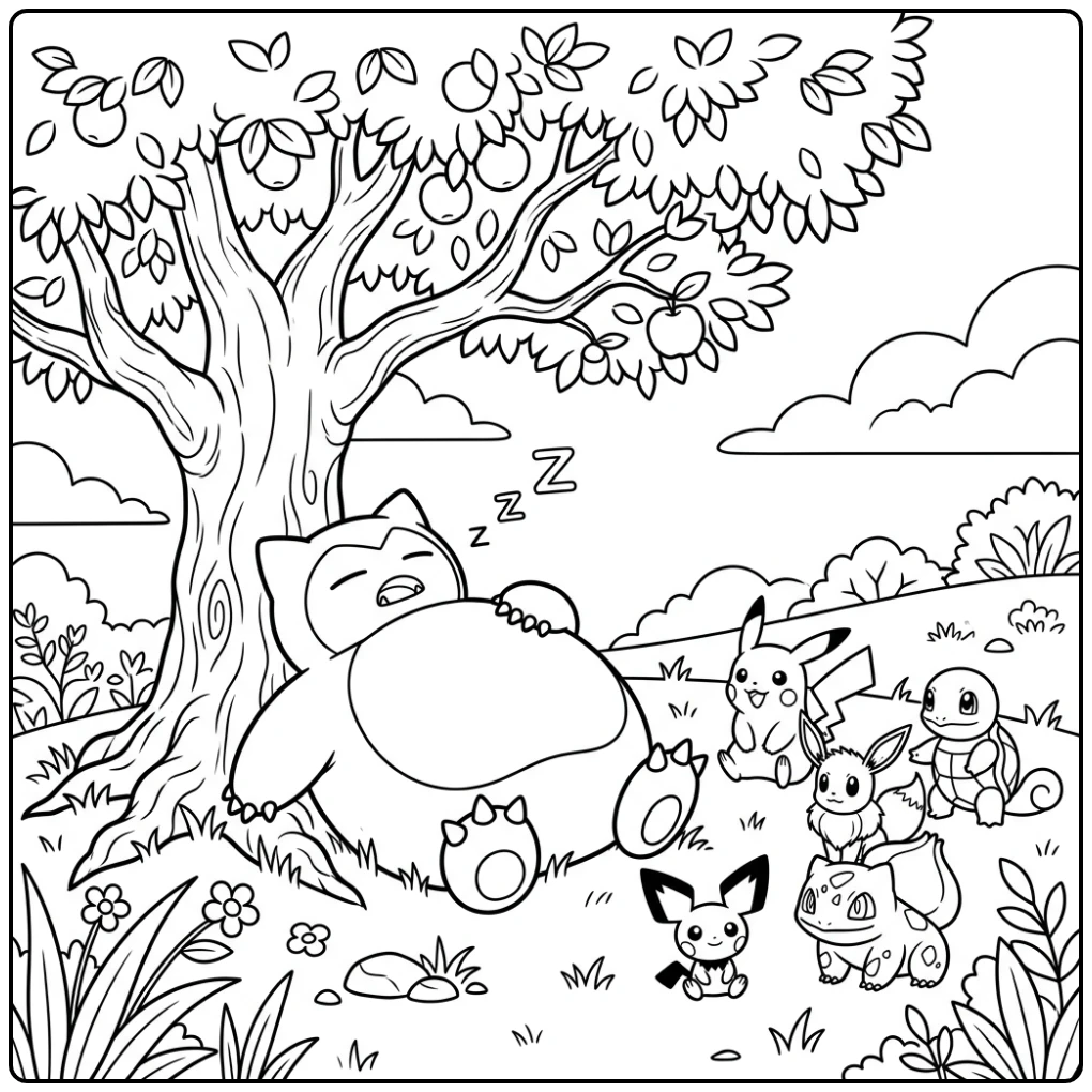 Fun Cute Pokemon Moment with Resting Snorlax and Friends coloring page