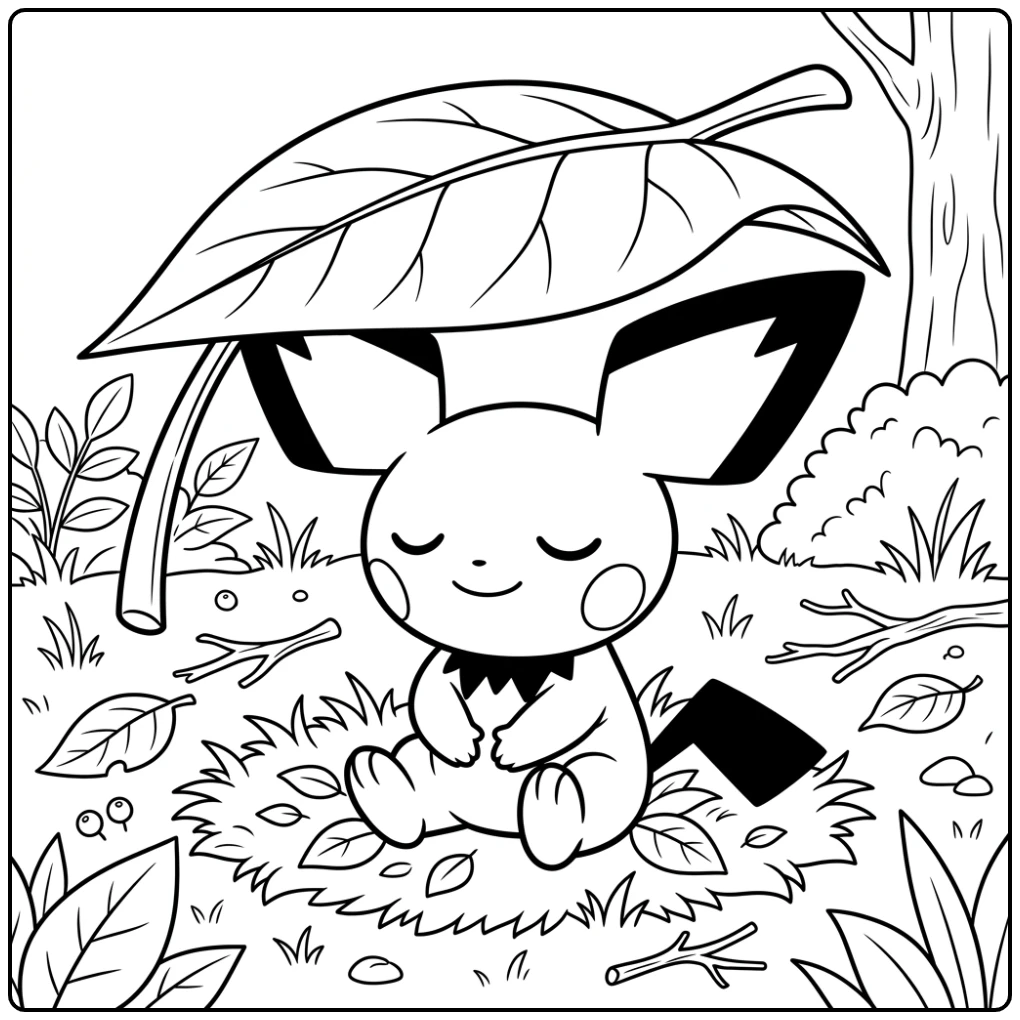 Calming Pichu Under a Leaf in Nature coloring page