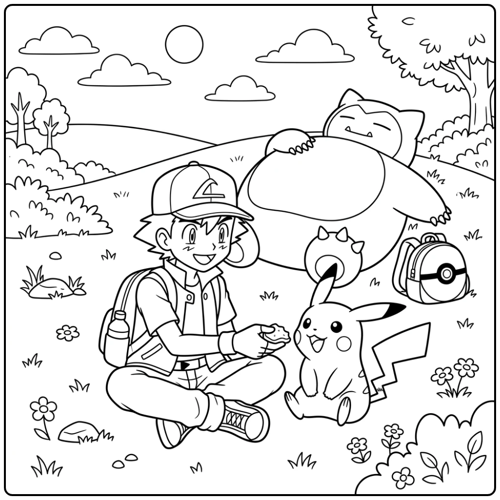 Calming Pokemon Ash with Pikachu and Snorlax coloring page
