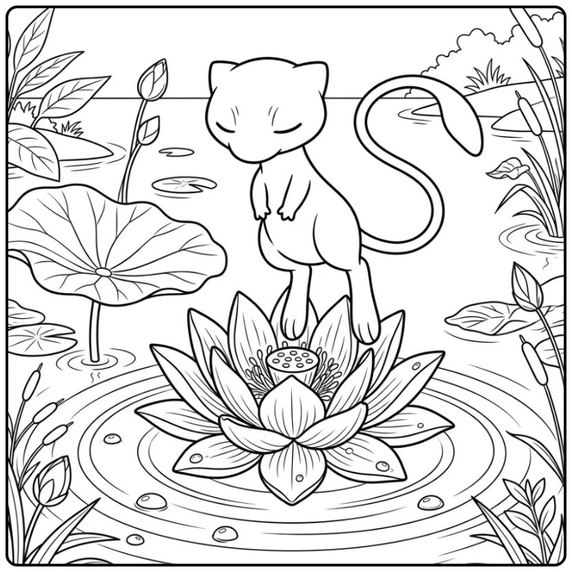 Calming Mew Floating Above a Lotus coloring page