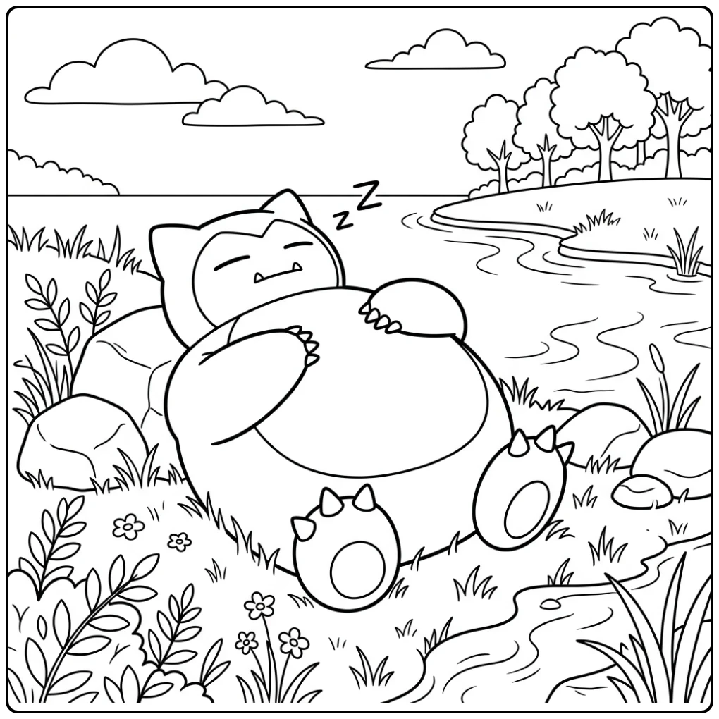 Calming Snorlax Peacefully Sleeping with a Calm Lake coloring page